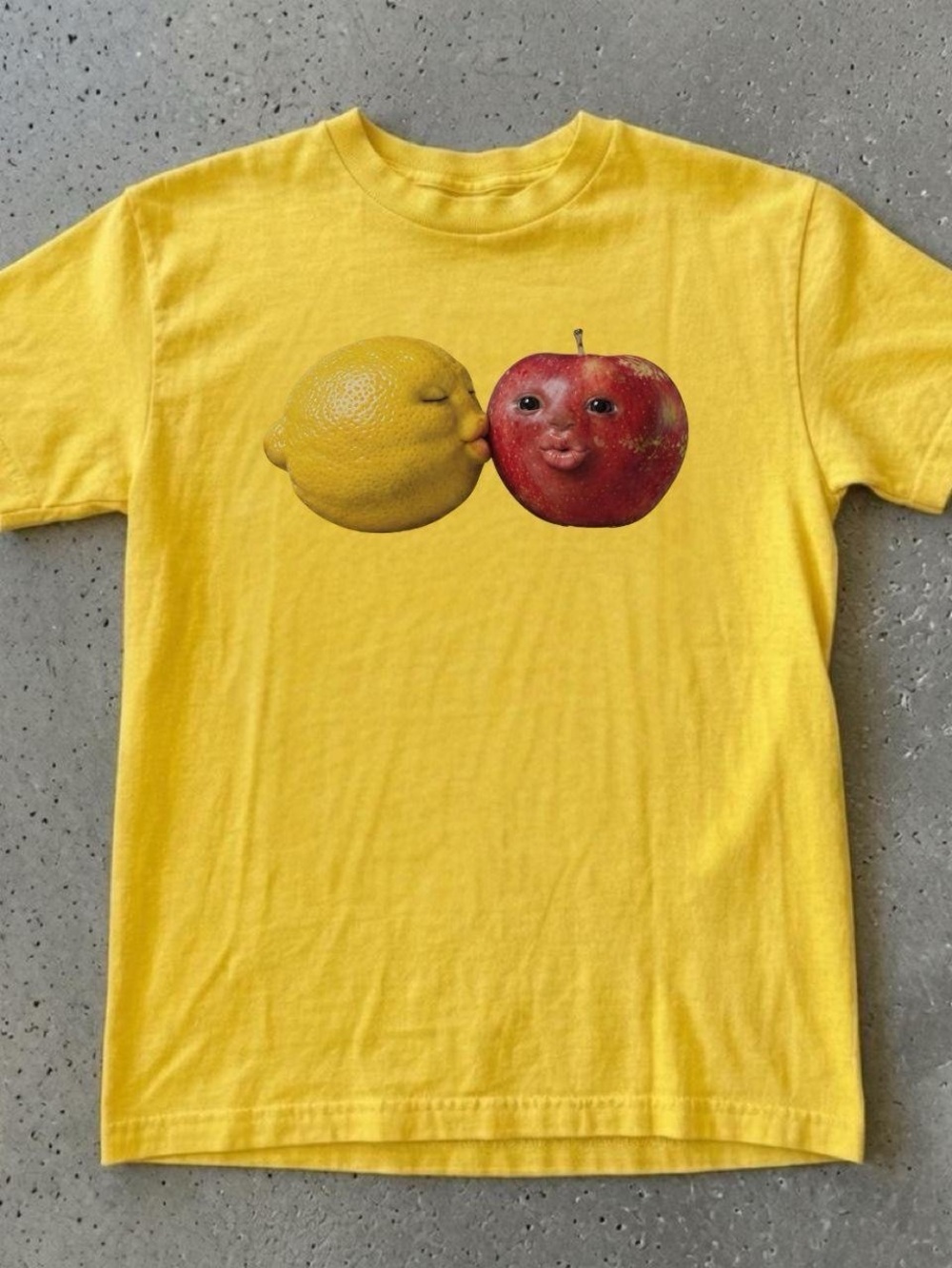 Gildan Yellow Tee with Kissing Lemon and Red Apple Graphic
